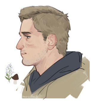 Rule 34 | 1boy, absurdres, beard stubble, blonde hair, brown eyes, brown shirt, closed mouth, ethan winters, facial hair, highres, jedmossfeld, layered clothes, looking ahead, male focus, mushroom, plant, portrait, profile, resident evil, resident evil village, shirt, sideburns, solo, stubble, twitter username, white background