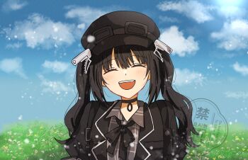 Rule 34 | 1girl, :d, ^ ^, black choker, black hair, black hat, black ribbon, choker, closed eyes, cloud, commentary request, day, facing viewer, grass, hat, highres, kurobe nanoka, long hair, mahou shoujo no majo saiban, neck ribbon, open mouth, outdoors, ribbon, sky, smile, solo, twintails, upper body, yashiromiya inori