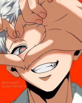 Rule 34 | 1boy, closed mouth, collared shirt, commentary, four-finger heart hands, grin, heart, heart-shaped pupils, heart hands, highres, hikaru ga shinda natsu, indou hikaru, looking at viewer, male focus, red background, red pupils, shirt, short hair, simple background, smile, solo, symbol-only commentary, symbol-shaped pupils, teeth, twitter username, white hair, white shirt, yorozuya37