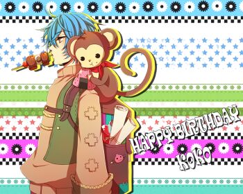 1boy backpack bag blue_hair brown_bag brown_shirt commentary eating english_commentary food green_vest happy_birthday looking_afar male_focus merchant_(ragnarok_online) monkey onigiri open_clothes open_vest poring ragnarok_online rinslette shirt shish_kebab short_hair solo star_(symbol) upper_body vest yellow_eyes