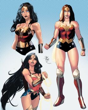 Rule 34 | 1girl, black hair, blue eyes, boots, bracer, commentary, dan mora, dc comics, english commentary, full body, high heel boots, high heels, highres, knee boots, lasso, lasso of truth, leotard, long hair, makeup, multicolored leotard, multiple views, narrow waist, redrollerball12, signature, simple background, star (symbol), strapless, strapless leotard, thick thighs, thighs, toned, toned female, western comics (style), wonder woman, wonder woman (series)