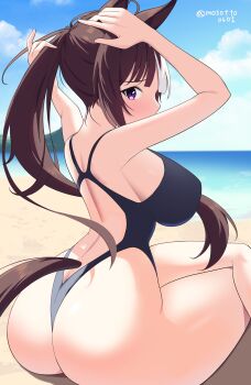 1girl absurdres animal_ears beach black_one-piece_swimsuit blue_sky brown_hair cloud commentary_request commission competition_swimsuit day highres hokko_tarumae_(umamusume) horizon horse_ears horse_girl horse_tail mesotto ocean one-piece_swimsuit one-piece_thong outdoors pixiv_commission ponytail purple_eyes racerback sky solo swimsuit tail umamusume