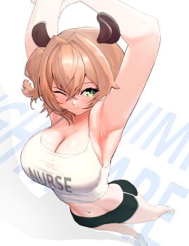1girl absurdres animal_ears armpit_focus armpits arms_up black_shorts blush breasts brown_hair character_name cleavage closed_mouth commentary english_commentary green_eyes highres indie_virtual_youtuber large_breasts midriff navel nimi_nightmare one_eye_closed one_side_up shirt shorts smile solo standing stretching tapir_ears tapir_girl virtual_youtuber white_background white_shirt yodokogon