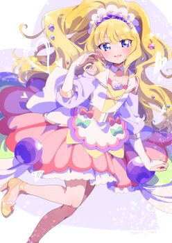 1girl absurdres apron aqua_bow bare_legs big_hair blonde_hair blue_eyes blueberry blunt_bangs border bow bow_apron bridal_gauntlets brooch candy_hair_ornament circle_skirt collar collared_shirt commentary_request cure_finale delicious_party_precure detached_collar dot_nose earrings eyelashes floating_clothes food food-themed_clothes food-themed_hair_ornament foot_out_of_frame frilled_skirt frills fruit hair_ornament hairband hand_in_own_hair happy hat_ornament heart heart_background heart_brooch heart_hat_ornament hexagram high_heels highres jewelry kasai_amane knees layered_shirt leg_up light_blush long_hair long_sleeves looking_at_viewer magical_girl open_mouth outside_border pink_bow pink_skirt precure print_skirt puffy_long_sleeves puffy_sleeves purple_background purple_sleeves serizawa_serizane shirt shoes simple_background skirt smile solo sphere_earrings standing three-quarter_sleeves tiara train_(clothing) tsurime twitter_username very_long_hair waist_apron wavy_hair white_apron white_border white_bridal_gauntlets white_collar white_hairband white_shirt yellow_shirt yellow_shoes