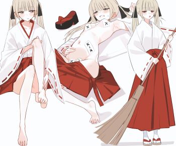 1girl armpits barefoot blonde_hair breasts broom hair_ribbon hakama highres japanese_clothes kimono long_hair maebari miko multiple_views navel ofuda ofuda_on_nipples ofuda_on_pussy original pasties planbi red_hakama ribbon sandals small_breasts solo stomach toes twintails white_kimono