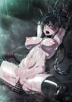1boy 1girl ajula_wachula bar_censor black_gloves black_hair black_thighhighs breasts censored chain collar commission constricted_pupils elbow_gloves final_fantasy final_fantasy_vii gloves hetero highres large_breasts long_hair low-tied_long_hair lying nipples nude on_back open_mouth penis pussy rape red_eyes restrained sex skeb_commission spread_legs tears thighhighs tifa_lockhart vaginal wet