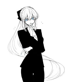 1girl black_bow blue_eyes blue_lips blush bow braid breasts business_suit cleavage closed_mouth coat dress_shirt fate/grand_order fate_(series) formal_clothes full_body grey_hair hair_between_eyes hair_bow half_up_braid highres large_breasts long_hair long_sleeves looking_at_viewer mo_(aabx315) morgan_le_fay_(fate) office office_lady overcoat ponytail shirt sidelocks simple_background solo suit very_long_hair white_background white_hair