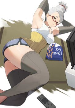 1girl alternate_breast_size armpits ass ayase_seiko breasts closed_mouth controller cowboy_shot cracker dandadan dolphin_shorts elbow_gloves food glasses gloves grey_gloves grey_thighhighs highres jiuzaiqianjitian looking_at_viewer lying mature_female medium_breasts on_side red-framed_eyewear remote_control short_shorts shorts snack solo tank_top television thighhighs thighs toeless_legwear toeless_thighhighs white_background white_tank_top