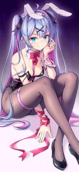 1girl ahoge animal_ears aqua_eyes aqua_hair armlet black_armlet black_leotard blush bow breasts cleavage closed_mouth collarbone colored_inner_hair commentary_request cuffs detached_collar fake_animal_ears hair_between_eyes hair_ornament handcuffs hatsune_miku high_heels highres jewelry leotard long_hair looking_at_viewer matsuuni medium_breasts multicolored_hair o-ring o-ring_thigh_strap pantyhose pink_hair playboy_bunny rabbit_ears rabbit_hole_(vocaloid) rabbit_tail red_bow red_ribbon ribbon smile solo tail thigh_strap twintails very_long_hair vocaloid wrist_ribbon