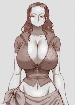 Rule 34 | 1girl, absurdres, black hair, breasts, cleavage, closed mouth, collarbone, cropped jacket, eyewear on head, floral print, highres, jacket, large breasts, long hair, looking at viewer, mature female, midriff, monochrome, navel, nico robin, nico robin (return to sabaody), one piece, sarong, shirt, short-sleeved jacket, short sleeves, simmsy, sketch, smile, solo, sunglasses, zipper, zipper pull tab