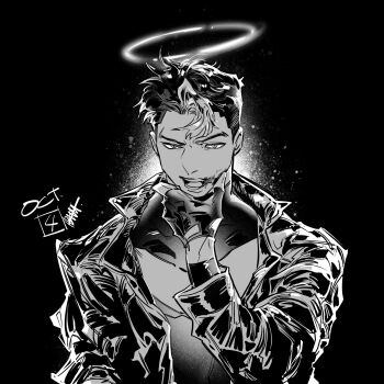 1boy artist_name bat_signal batman_symbol black_hair blue_eyes bodysuit brown_jacket dc_comics gloves grey_bodysuit halo highres insignia jacket jason_todd male_focus monochrome multicolored_bodysuit muscular muscular_male red_hood_(dc) red_hood_and_the_outlaws short_hair superhero_costume tokitokororo two-tone_bodysuit