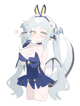 1girl absurdres animal_ears arm_behind_back bare_shoulders blue_gloves blush_stickers breasts character_request closed_mouth commentary_request cropped_legs dragon_girl dragon_horns dragon_tail dragon_wings fake_animal_ears gloves heart highres honi_(honi1010) horns korean_commentary large_breasts long_hair looking_at_viewer pointy_ears rabbit_ears rabbit_tail simple_background solo star-shaped_pupils star_(symbol) symbol-shaped_pupils tail trickcal twintails very_long_hair white_background wings