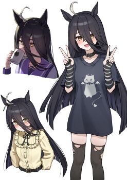 1girl absurdres animal_ears black_hair black_nails black_shirt black_thighhighs blush brown_ribbon closed_mouth coffee_mug commentary cup double_v fingernails frilled_shirt_collar frills hair_between_eyes hands_up highres holding holding_cup horse_ears horse_girl horse_tail iffyru long_hair long_hair_between_eyes looking_at_viewer manhattan_cafe_(casual)_(umamusume) manhattan_cafe_(umamusume) mug multicolored_hair multiple_views nail_polish neck_ribbon open_mouth oversized_clothes oversized_shirt purple_sailor_collar purple_shirt ribbon sailor_collar school_uniform shirt short_sleeves simple_background smile standing streaked_hair striped_arm_warmers tail thighhighs torn_clothes torn_thighhighs tracen_school_uniform umamusume v white_background white_streaks yellow_eyes yellow_shirt