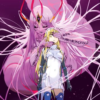 2girls aiz_wallenstein antennae armor behind_another black_gloves black_sclera blonde_hair blue_thighhighs body_markings boobplate breastplate breasts collar colored_eyelashes colored_sclera colored_skin corrupted_spirit_(danmachi) couter cover_image covered_navel covering_another&#039;s_eye dress dungeon_ni_deai_wo_motomeru_no_wa_machigatteiru_darou_ka elbow_gloves facial_mark fingernails gloves haimura_kiyotaka hairband hand_on_another&#039;s_chin hand_on_another&#039;s_face highres holding holding_sword holding_weapon long_hair looking_at_viewer metal_collar metal_hairband monster_girl multiple_girls novel_illustration nude official_art one_eye_covered open_mouth pink_eyes purple_background purple_hair purple_skin second-party_source sharp_fingernails short_dress shoulder_armor small_breasts sword sword_oratoria thighhighs third_eye tight_clothes tight_dress vambraces very_long_hair weapon white_dress yellow_eyes