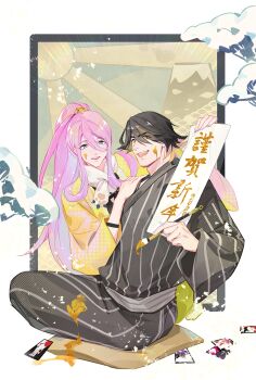 2boys androgynous black_hair branch calligraphy_brush grey_kimono hachisuka_kotetsu hair_between_eyes highres holding holding_calligraphy_brush holding_paintbrush japanese_clothes kimono long_hair male_focus mountain multiple_boys nagasone_kotetsu ncww_rinichi open_mouth paint_splatter paint_splatter_on_face paintbrush parted_lips pink_hair ponytail seigaiha short_hair sitting touken_ranbu yellow_eyes yellow_kimono