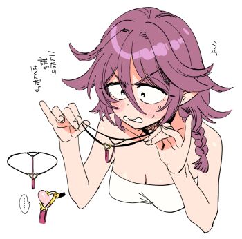 1girl blush braid breasts cleavage clitoris embarrassed g-string hair_between_eyes hair_over_shoulder heart heart_o-ring holding holding_panties holding_underwear holding_unworn_clothes lingerie manuba_(yukataro) medium_breasts o-ring original panties pointy_ears simple_background single_braid solo strapless string_panties thong underwear unworn_panties upper_body white_background yukataro