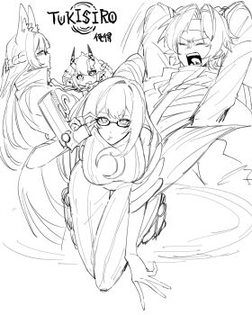 1boy 3girls animal_ears asaba_harumasa blunt_bangs closed_eyes fox_ears fox_girl glasses grey_hair hair_between_eyes highres horns hoshimi_miyabi long_hair looking_at_viewer multiple_girls oni open_mouth pointy_ears serious short_hair sidelocks simple_background soukaku_(zenless_zone_zero) tsukishiro_yanagi white_background yunomi_(yunomi1129) zenless_zone_zero