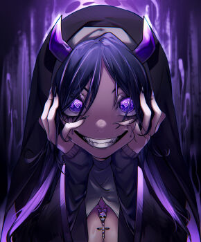 1girl artist_name black_dress black_hair black_nails black_veil breasts cleavage collar copyright_name cross cross_necklace demon_horns dress evil_smile eyelashes hands_on_own_face heart heart-shaped_pupils highres horns illegalwaifus jewelry long_hair long_sleeves looking_at_viewer makeup mascara nail_polish necklace nun open_mouth original purple_eyes purple_horns purple_streaks raised_eyebrows runny_makeup self-upload sharp_teeth smile solo symbol-shaped_pupils teeth upper_body veil