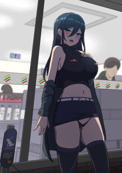 1boy 2girls belt black_hair black_panties black_shirt black_skirt black_thighhighs blue_eyes blush clitoris_piercing coat commission earrings exhibitionism green_coat hair_between_eyes highres hoop_earrings jewelry long_hair looking_at_viewer mole mole_under_mouth multiple_girls navel nipple_cutout nipples open_mouth original panties pervert piercing pixiv_commission public_indecency pussy_piercing sakamata_(sakamata4) shirt sidelocks skirt smile solo_focus standing thighhighs underwear