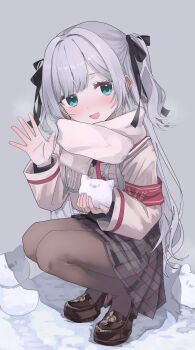1girl :d absurdres black_pantyhose black_ribbon black_skirt blush brown_jacket brown_shoes commentary full_body green_eyes grey_background grey_hair hair_ribbon highres holding holding_snowball jacket kaga_sumire long_hair long_sleeves looking_at_viewer open_mouth pantyhose pleated_skirt rezin531 ribbon scarf shoes simple_background skirt smile snow snowball snowman solo squatting two_side_up virtual_youtuber vspo! white_scarf winter_clothes