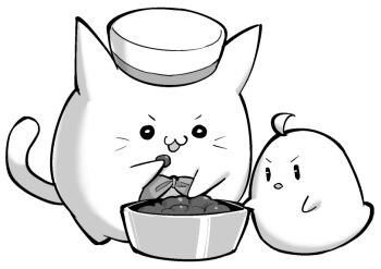 Rule 34 | azur lane, azur lane: slow ahead, bow, bowl, bowtie, commentary, eating, greyscale, hat, hori (hori no su), manjuu (azur lane), meowfficer (azur lane), monochrome, no humans, official art, pet bowl, pet food, sailor hat, simple background, v-shaped eyebrows, white background