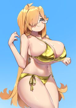 Rule 34 | 1girl, absurdres, bare shoulders, bikini, black eyes, blonde hair, blue background, blush, breasts, cleavage, closed mouth, collarbone, dera (firewpood), embarrassed, firewpood, glasses, gold bikini, golden week, hair over one eye, highres, huge breasts, large breasts, long hair, looking at self, mole, mole on breast, mole on neck, navel, one eye covered, original, semi-rimless eyewear, shiny swimsuit, side-tie bikini bottom, simple background, solo, stomach, string bikini, swimsuit, under-rim eyewear, very long hair, wavy hair