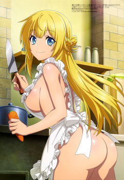 1girl absurdres apron ass blonde_hair blue_eyes braid breasts carrot food half_up_half_down_braid highres holding holding_food holding_knife indoors kitchen kitchen_knife knife large_breasts long_hair looking_at_viewer magazine_scan megami_magazine naked_apron official_art rit_(shin_no_nakama) scan shin_no_nakama_janai_to_yuusha_no_party_wo_oidasareta_no_de_henkyou_de_slow_life_suru_koto_ni_shimashita shiny_skin sideboob smile