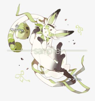 Rule 34 | alternate color, alternate shiny pokemon, animal focus, bow, bowtie, cat, chinese commentary, colored sclera, colorpoint, commentary request, commission, espeon, full body, gen 2 pokemon, green bow, green bowtie, green sclera, highres, kamier586, long tail, looking at viewer, lying, mint chocolate, nintendo, no humans, on back, open mouth, original, pokemon, pokemon (creature), pokemon focus, sample watermark, simple background, solo, tail, watermark, white background, white eyes