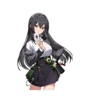 1girl absurdres ace_(playing_card) ace_of_spades artist_request bag black_collar black_hair black_skirt card collar collared_shirt cowboy_shot cropped_jacket cropped_legs green_eyes green_skirt grey_jacket hair_between_eyes handbag highres holding holding_card jacket long_hair looking_at_viewer mochizuki_himiya multicolored_skirt neck_ribbon off-shoulder_jacket off_shoulder official_art playing_card poker_fate ribbon shirt single_off_shoulder skirt solo spade_(shape) spade_brooch transparent_background white_shirt