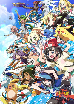 6+boys 6+girls absurdres acerola_(pokemon) alolan_form alolan_raichu armpits bewear blue_sky blush closed_eyes cloud cosmoem elio_(pokemon) elite_four everyone gen_1_pokemon gen_7_pokemon gladion_(pokemon) happy hau_(pokemon) highres ilima_(pokemon) kiawe_(pokemon) kingin lana_(pokemon) legendary_pokemon lillie_(pokemon) litten lunala mallow_(pokemon) mimikyu mina_(pokemon) multiple_boys multiple_girls nintendo ocean open_mouth pikachu pokemon pokemon_(creature) pokemon_sm ponytail popplio raichu rowlet school_uniform selene_(pokemon) serafuku sky smile solgaleo sophocles_(pokemon) starter_pokemon_trio surfing trial_captain type:_null ultra_beast water