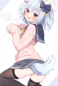1girl absurdres ass black_thighhighs blue_bow blue_hair blue_sailor_collar blue_skirt blush bow bowtie brown_eyes cardigan commentary_request commission dog_girl dog_tail fang green_bow hair_between_eyes hair_bow hands_up highres inuyama_tamaki long_sleeves looking_at_viewer medium_hair miniskirt noripro open_mouth pink_bow pink_cardigan sailor_collar school_uniform skeb_commission skin_fang skindentation skirt sleeves_past_wrists smile solo striped_bow tail takepoison thighhighs two_side_up virtual_youtuber yellow_bow yellow_bowtie