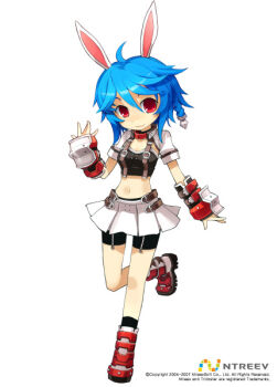 10s animal_ears armcho bike_shorts blue_hair boots braid bunny_(trickster) fingerless_gloves full_body gloves midriff navel rabbit_ears red_eyes short_hair skirt solo standing trickster_(ntreev_soft)