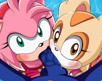 1boy 2girls amy_rose brown_eyes cream_the_rabbit fellatio green_eyes loli multiple_girls oral penis sonic_(series) sonic_the_hedgehog swimsuit