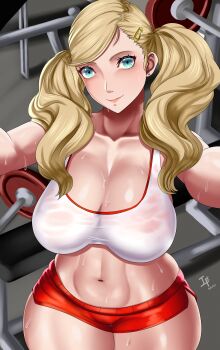 1girl absurdres arcedo blonde_hair blue_eyes breasts curvy ear_piercing female_focus highres large_breasts long_hair looking_at_viewer navel persona persona_5 piercing solo sweat takamaki_anne thick_thighs thighs twintails wide_hips