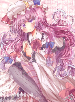 1girl blue_bow bow bowtie commentary_request crescent crescent_hair_ornament dress dress_bow frilled_dress frills hair_bow hair_ornament hat highres kemo_chiharu long_hair looking_at_viewer lying mob_cap patchouli_knowledge purple_eyes purple_hair red_bow red_bowtie solo touhou