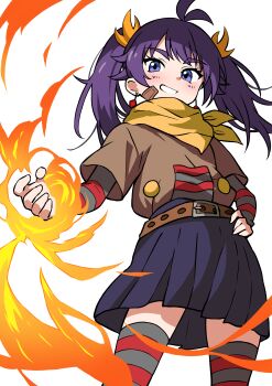 1girl absurdres antenna_hair bandage_on_face bandages belted_skirt blue_eyes brown_shirt commission earrings ecgg_(tsuji418477) fire flat_chest from_below hand_on_own_hip highres jewelry light_blush looking_at_viewer looking_down original pixiv_commission purple_hair scarf shirt simple_background skirt smile solo thighhighs thighs twintails white_background yellow_scarf