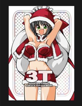 1girl aizawa_sakuya anzai_satsuki arms_up bare_shoulders blush breasts breasts_apart cleavage collarbone corset green_eyes grey_hair hair_ornament hat hayate_no_gotoku! large_breasts navel santa_costume santa_hat short_hair simple_background skirt solo stomach thighs