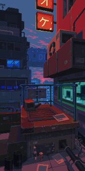 air_conditioner air_duct animated animated_gif awning balcony blinking_lights cityscape condenser_unit dusk flickering highres neon_lights original pixel_art rain scenery waneella