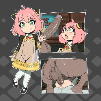 1boy 1girl age_difference anal anya_(spy_x_family) black_background black_footwear cleft_of_venus closed_mouth dark-skinned_male dark_skin dress flat_chest full_body green_eyes hair_ornament hetero highres interracial large_penis loli long_hair long_sleeves looking_at_viewer maniacpaint mating_press multiple_views navel open_mouth pasties penis penis_awe pink_hair pussy see-through_clothes see-through_dress sex shoes size_difference smile spy_x_family standing thighhighs uncensored white_thighhighs