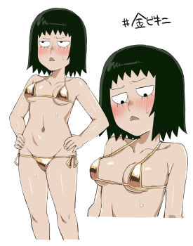 ax_g90 bikini black_hair blush breasts chestnut_mouth eyelashes gold_bikini golden_week hands_on_own_hips highres kurata_tome medium_hair micro_bikini mob_face mob_psycho_100 navel side-tie_bikini_bottom simple_background small_breasts sweat swimsuit white_background