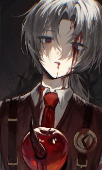 Rule 34 | 1boy, absurdres, apple, black background, blood, blood on face, collared shirt, food, fruit, highres, iur5021, limbus company, long hair, looking at viewer, lucio (project moon), male focus, necktie, parted lips, ponytail, project moon, purple eyes, red necktie, red vest, shirt, simple background, solo, suspenders, upper body, vest, white hair, white shirt