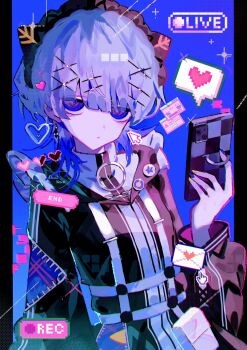 1girl black_jacket blue_background blue_eyes blue_hair blunt_bangs chest_harness closed_mouth commentary_request envelope expressionless hair_ornament hairclip haishin_shoujo_no_uraaka_meikyuu harness hazama_nagi heart highres holding holding_phone jacket long_sleeves looking_at_viewer o-ring phone short_hair simple_ice solo sparkle spoken_heart upper_body x_hair_ornament