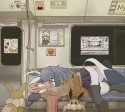 2girls animal_ears animated black_thighhighs eevee gen_1_pokemon gen_4_pokemon gen_6_pokemon glaceon lying_on_person mike_no_hito multiple_girls nintendo original pokemon sleeping sylveon tagme thighhighs train_interior video yuri