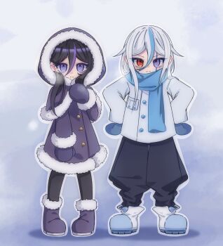 Rule 34 | 2girls, aged down, alternate costume, baggy pants, black hair, black pants, blue gloves, blue hair, blue scarf, boots, breath, capelet, chichi fire, coat, cold, commentary, eva (hundred line), facial mark, fur-trimmed capelet, fur-trimmed coat, fur trim, gloves, hands on own hips, hashtag-only commentary, heterochromia, highres, hood, hood up, hooded capelet, jacket, long hair, multicolored hair, multiple girls, pants, purple boots, purple capelet, purple coat, purple eyes, purple gloves, purple hair, red eyes, scarf, siblings, sisters, streaked hair, symbol-only commentary, the hundred line -last defense academy-, v'ehxness, white background, white coat, white hair, white jacket