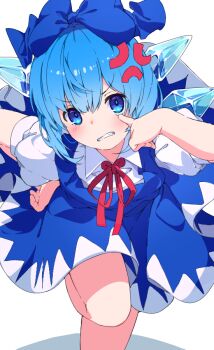 1girl anger_vein blue_bow blue_dress blue_eyes blue_hair bow cirno dress eyelid_pull hair_bow kannpoyu neck_ribbon red_ribbon ribbon solo standing standing_on_one_leg touhou
