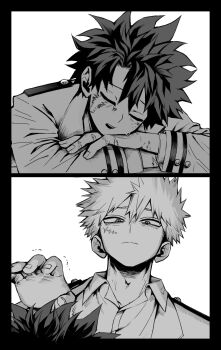 2boys bakugou_katsuki black_border boku_no_hero_academia border closed_eyes closed_mouth collared_shirt commentary_request double-parted_bangs facial_scar frown greyscale highres hover_hand layered_sleeves long_sleeves looking_at_another looking_down male_focus midoriya_izuku monochrome multiple_boys multiple_scars open_collar parted_bangs scar scar_on_cheek scar_on_face scar_on_hand school_uniform shirt short_hair sleeping u.a._school_uniform use_zeinuki