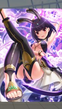 1girl alternative_girls animal_ears armpits ass black_hair black_legwear breasts cleavage highres holding holding_weapon lightning looking_at_viewer medium_hair official_art onitsuka_chiho open_mouth rabbit_ears rabbit_tail red_eyes smile solo tail weapon