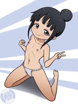 1girl absurdres artist_name barefoot black_hair blue_background closed_mouth collarbone feet flat_chest fundoshi grey_eyes hair_bun highres japanese_clothes kneeling kunoichi_tsubaki_no_mune_no_uchi loli looking_at_viewer megasweet mokuren_(kunoichi_tsubaki_no_mune_no_uchi) nipples short_hair simple_background smile soles solo spread_legs toes topless_female v white_background