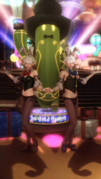 1boy 1girl 3d absurdres alisaie_leveilleur alphinaud_leveilleur artist_request bow bowtie brother_and_sister bulge crossdressing drink highres jewelry lipstick makeup playboy_bunny rabbit_ears rabbit_tail siblings tight_clothes twins