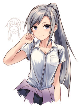 2girls black_skirt breast_pocket breasts chibi chibi_inset cleavage closed_mouth clothes_around_waist collarbone collared_shirt commentary d4dj dress_shirt fukushima_noa grey_eyes grey_hair high_ponytail highres jacket jacket_around_waist long_hair looking_at_viewer medium_breasts multiple_girls niijima_ibuki pocket ponytail purple_jacket shirt sidelocks simple_background skirt smile solo_focus white_background white_shirt yukitake_(bullfalk)